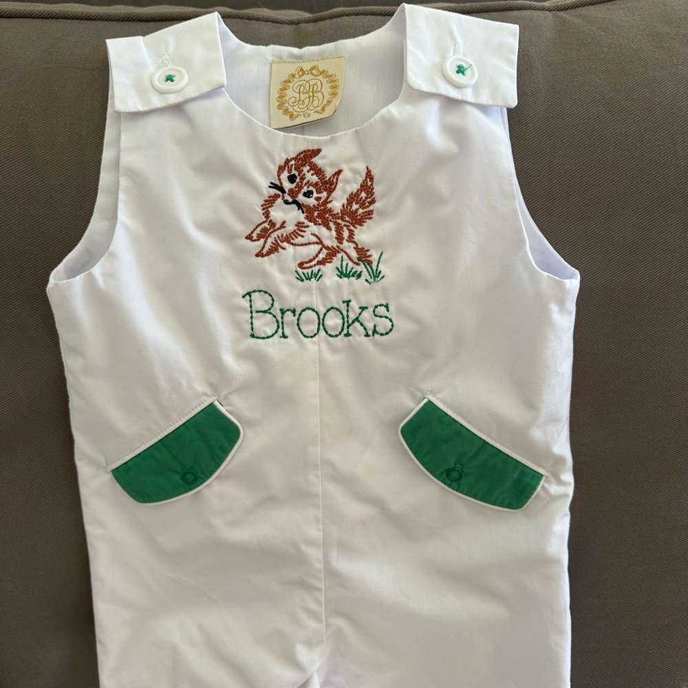 “Brooks” Embroidered The Beaufort Bonnet Company White and Green Kids One Piece